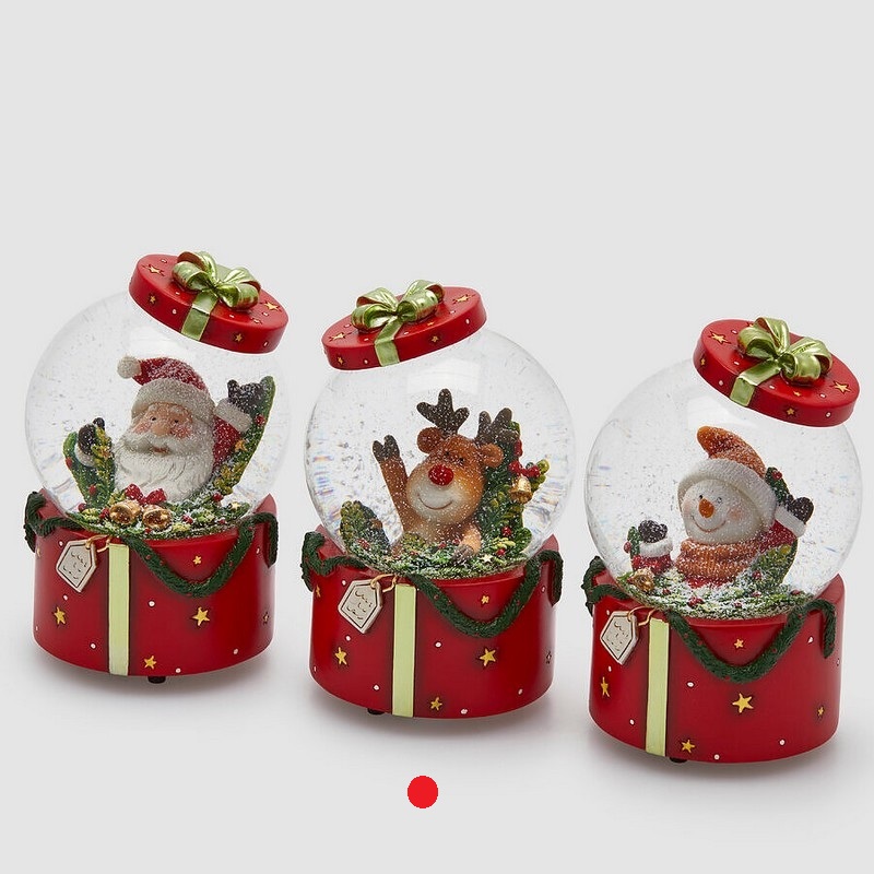 Boule de neige carillon a forma di pacco regalo con renna di Babbo Natale